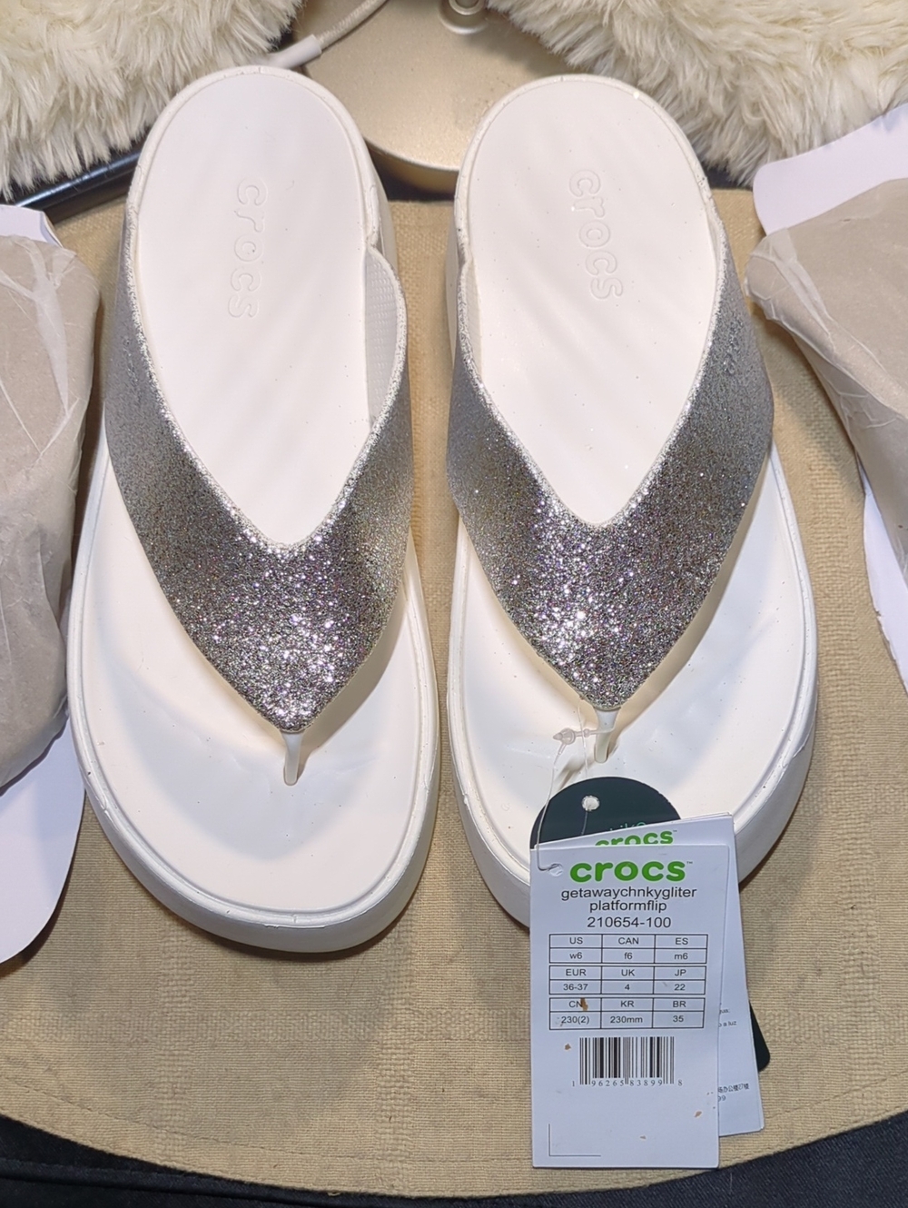 CROCS Women's White Platform Flip Flop with Silver Glitter Straps $35